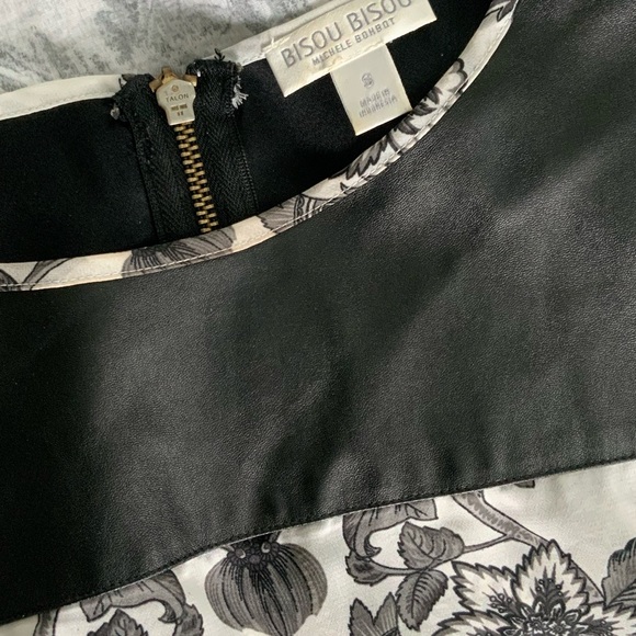 White & Black Sleeveless Shirt Leather Top - Picture 3 of 4